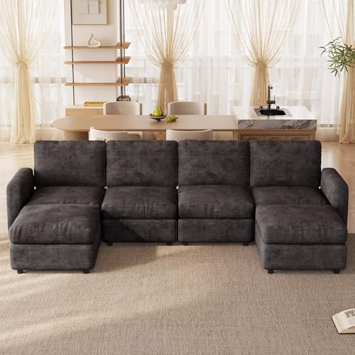 Miuuod Cloud Couch Modular Sectional Sofa with Ottoman,6 Seat Combination (4 Seater and 2 Ottomans), Grey Corduroy L Shaped Couch, Comfy Modular Sofa for Living Room, Bedroom, Lounge - color: Grey, style: 6 Seats（4 Seats with 2 Ottomans）