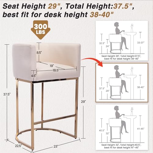 HNY Modern Cream Counter Height Barrel Upholstered Counter Stools Set of 2, 29 Inch Linen Fabric Kitchen Island Stools with Gold Metal Frame - color: 29inch Cream,gold Base