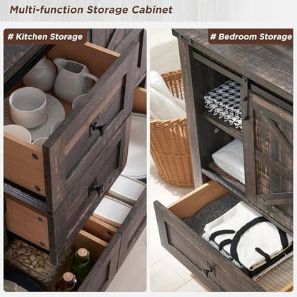 T4TREAM 48" Wide Farmhouse Sideboard Buffet Cabinet, Dark Rustic Oak | 31.2" Tall Kitchen Cabinet with Storage, 2 Sliding Barn Doors, 4 Drawers, Rustic Wood, Coffee Bar Table, Dining Room - color: Dark Rustic Oak
