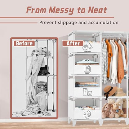 Portable Closet, Easy Assembly, Large Capacity Wardrobe Closet | Sturdy and Stable Clothes Rack with Shelves 4 Storage Baskets and 2 Hanging Rods, for Bedroom and Cloakroom 50 In White - color: White