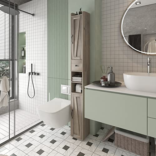 Bathroom Cabinet with Adjustable Shelf, Storage Cabinet for Small Space, Tall Bathroom Storage Cabinet with Retractable Toilet Paper Rod, Narrow Cabinet with 2 Doors, 8 Compartment, Brown Gray