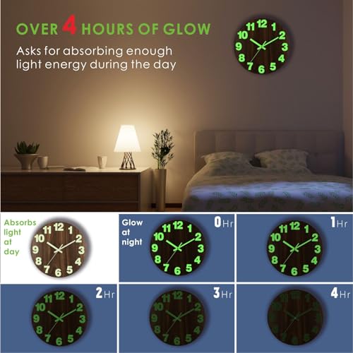 Plumeet Night Light Wall Clock, 16 Inch Wooden Glow in the Dark Clock for Bedroom, Extra Large Silent Lighted up Wall Clock Luminous Numerals and Hands, Battery Operated for Living Room/Kitchen, Brown