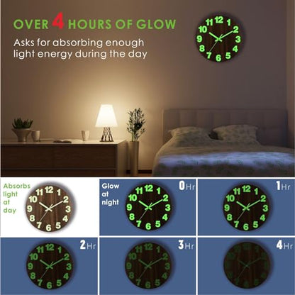 Plumeet Night Light Wall Clock, 16 Inch Wooden Glow in the Dark Clock for Bedroom, Extra Large Silent Lighted up Wall Clock Luminous Numerals and Hands, Battery Operated for Living Room/Kitchen, Brown