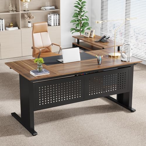 Tribesigns 63 Inch Executive Desk with Filing Cabinet, L Shaped Office Desk | Large Office Desk with File Drawer, L Shaped Desk with Storage, Computer Desk for Home Office, Easy Assembly, Brown and Black - color: Brown and Black