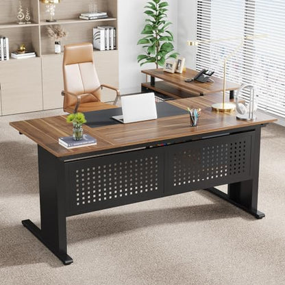 Tribesigns 63 Inch Executive Desk with Filing Cabinet, L Shaped Office Desk | Large Office Desk with File Drawer, L Shaped Desk with Storage, Computer Desk for Home Office, Easy Assembly, Brown and Black - color: Brown and Black