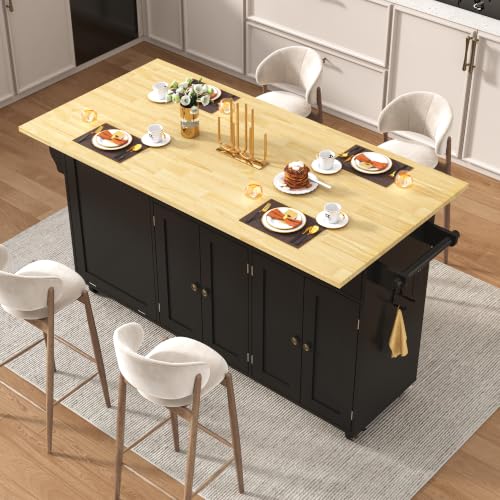 67" Large Movable Kitchen Island w/Sliding Drop Leaf,Power Outlet, Kitchen Rolling Island Cart w/ 2 Drawers, Island Table on Wheels w/Trash Storage Cabinet,Spice Rack, Towel Bar,Garage Hook, Black - color: Black, size: 17.7"D x 66.9"W x 35.8"H