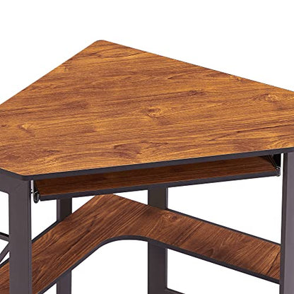 VECELO Corner Desk Computer Desk Writing Table with Smooth Keyboard Tray & Storage Shelves,Compact Home Office Triangle Table,Teak