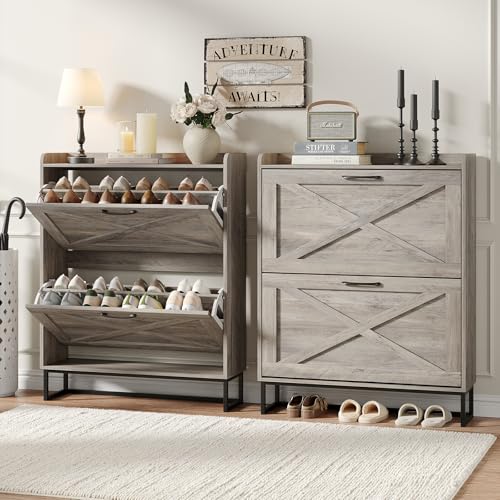 Maupvit Shoe Cabinet with 2 Flip Drawers, Freestanding Shoe Cabinet Organizer with Metal Legs, Shoes Storage Cabinet for Entryway, Narrow Shoe Rack Cabinet, Washed Gray - color: Washed Gray, style: 2-Drawers