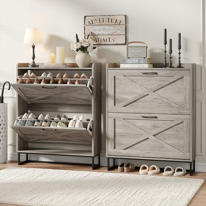 Maupvit Shoe Cabinet with 2 Flip Drawers, Freestanding Shoe Cabinet Organizer with Metal Legs, Shoes Storage Cabinet for Entryway, Narrow Shoe Rack Cabinet, Washed Gray - color: Washed Gray, style: 2-Drawers