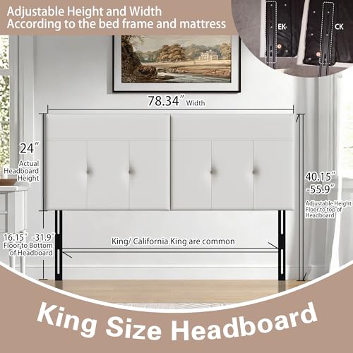 Upholstered Tufted King Size Headboard,PU Leather Wood Head Board with Metal Legs, Adjustable Height from 42” to 56”, Bed Headboard in Modern Design,Backboard for Bed, Beige - color: Beige, size: King