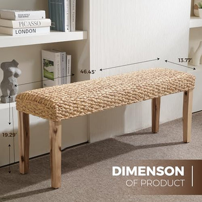 Indoor Wicker Bench 47" Solid Wood Acacia & Natural Woven Seat, Natural Leg | Living Room, Dining Bench or End of Bed Bench, Boho Rustic Farmhouse Style - color: Plait - Natural Leg & Water Hyacinth