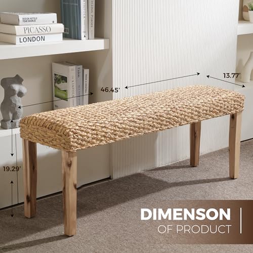 Indoor Wicker Bench 47" Solid Wood Acacia & Natural Woven Seat, Natural Leg | Living Room, Dining Bench or End of Bed Bench, Boho Rustic Farmhouse Style - color: Plait - Natural Leg & Water Hyacinth