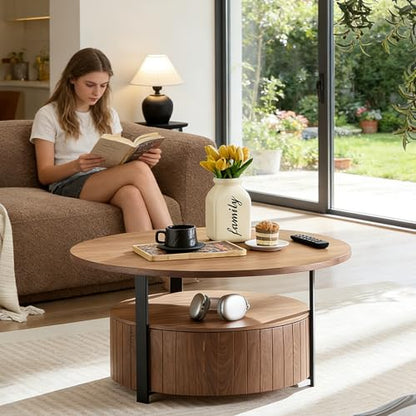33.07" Round Coffee Table with Storage, 2 Tier Modern Wood Center Table with Drawer, 2 Tiers and 1 Drawer, Accent Table for Living Room, Apartment, Small Space.(Walnut) - color: Walnut-a