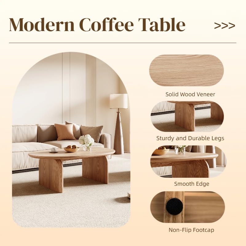 Honyee Modern Oval Coffee Table, Small Coffee Tables for Living Room - Oak Wood Top with Solid Legs, Wooden Center Table Easy Assembly for Living Room &Bedroom,Office, Natural - size: 39.3 inches x 23.6 inches x 16.5 inches