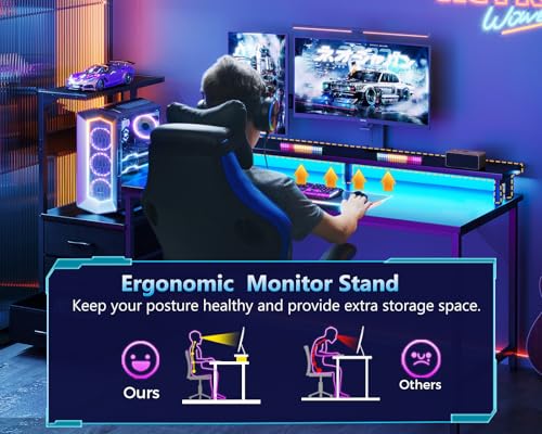 AODK Gaming Desk w/PC Showcase Stand, 59" Reversible, RGB LED, Black | Elevated stand fits Lian Li O11, Hyte Y60. Triple drawers hide cables, controllers, clutter - color: Black, size: 59 Inches