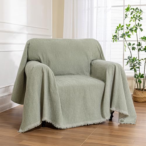 Green Sofa Covers Armchair Single Couch Cover for Dogs Throw Couch Cover with Tassel Chair Recliner Futon Cover Washable 1 Cushion Couch Chenille Couch Protector, 71"x 91" - color: Tassels Edge-sage Green, size: 71"x 91"