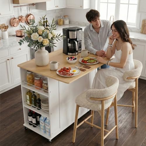 Kitchen Island Cart with Folding Drop Leaf, Kitchen Island on Wheels with Storage & Adjustable Shelves, Portable Kitchen Island with with Spice Rack & 5 Casters, for Kitchen, Dinning Room, White
