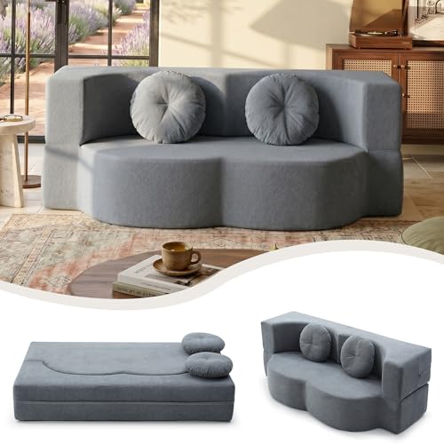 76" Convertible Folding Futon Sofa Bed, Queen Sleeper Sofa with Pillow, Teddy Floor & Futon Loveseat Couch, Foam Folding Mattress Sleeper for Living Room, Guest Use, Apartment, No Assembly (Grey) - color: Grey
