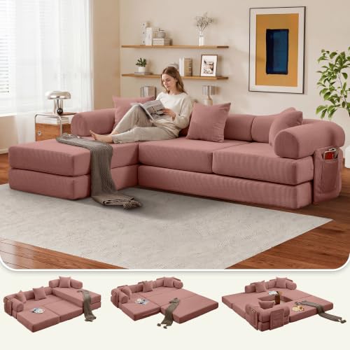 107" Modular Sectional Sofa Bed, L-Shape Corduroy Boneless Couch, Pink | Sleeper Futon Sofa Bed, Boneless Couches for Living Room, Modular Couch with Storage, Pull Out Couch, No Assembly Required - color: Pink