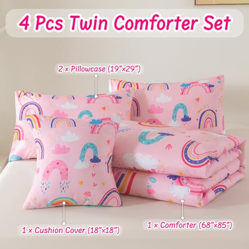 Rainbow Girls Bedding Set Twin Size, Love Hearts Rainbow Comforter Set Twin Pink Bedding Sets for Girls Kids - color: Rainbow-1, size: Twin-4pcs