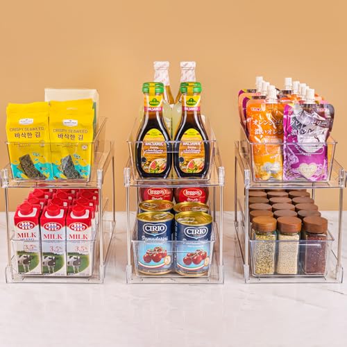 4Pack 2-Tier Bathroom Storage Organizer, Clear Under Sink Organizers Kitchen Vanity Counter Storage Container, Medicine Cabinet Drawers Bins, Pull-Out Organization with Track for Pantry