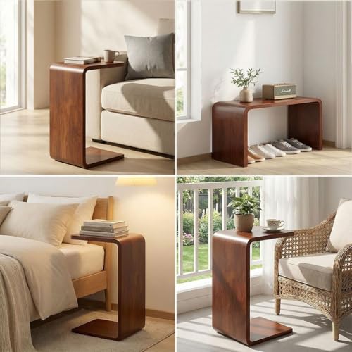C Shaped End Table for Couch – Wood Sofa Side Table with Slide-Under Base | Space Saving Narrow Snack Table for Living Room, Bedroom & Small Spaces, Walnut - color: Walnut