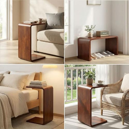 C Shaped End Table for Couch – Wood Sofa Side Table with Slide-Under Base | Space Saving Narrow Snack Table for Living Room, Bedroom & Small Spaces, Walnut - color: Walnut
