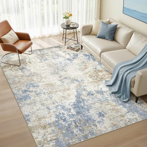 Nakagishi 5X7 Abstract Washable Area Rugs for Living Room-Blue Brown | Modern Non-Slip Silicone Backing Low Pile Soft Carpet for Bedroom Dining Decor Ideal for Families with Kids and Pets - color: Blue Brown, size: 5' x 7' (Rectangular)