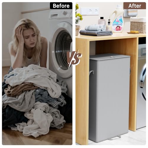 Laundry Hamper with Lid and Foot Pedal, 100L Fabric Laundry Basket with Removable Mesh Bag, Slim Foldable Design for Bathroom and Laundry Room (Gery)