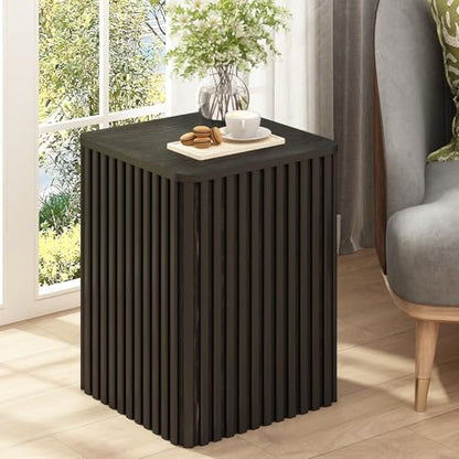 Fluted Side Table with Storage-Small Square End Table | Solid Wood Veneer Top, Accent Tables, Modern Farmhouse Pedestal Drink Tables for Couch, Sofa, Living Room, Black - color: Black