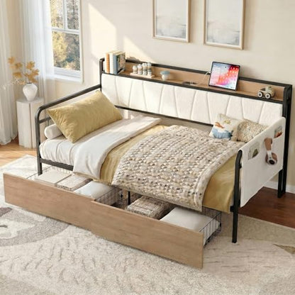 LIKIMIO Twin Daybed, Day Bed Frame with 2 Storage Drawers, Charging Station | Sofa Daybed with Boucle Upholstered Headboard, Storage Shelf & Bag, Strong Supports for Bedroom and Guest Room, Cream