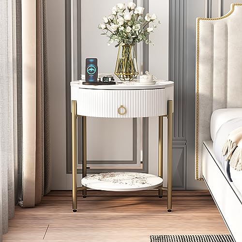 OIOG Round End Table, Nightstand with Storage, Marbling Natural Stone/Gold | Side Table with Storage Drawer, Shelf, Metal Legs, 2 Tier, Modern Design, For Living Room, Bedroom, Office,White and Gold - color: Gold
