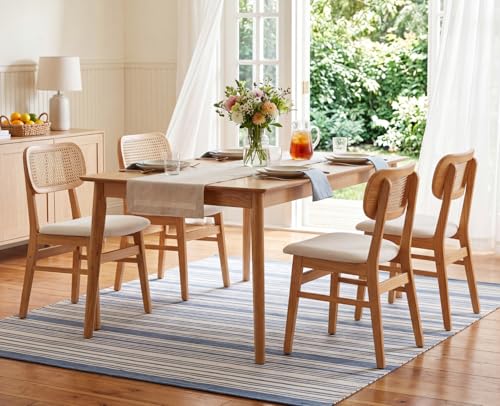 EALSON Rattan Dining Chairs Set of 4 Cane Back Farmhouse Dining Room Chairs Mid Century Kitchen Chairs with Natural Wood Frame Linen Upholstered Side Chairs for Kitchen & Dining Room, Beige - color: Linen Beige-natural Wood Frame, size: 4PCS