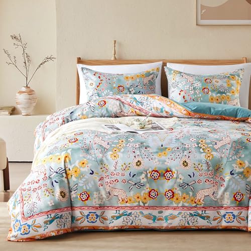 Cupocupa Duvet Cover Full Size Set Boho Floral Pattern Full Christmas Duvet Cover Set for Full Size Bed Vintage Soft Bedding Leaf Print Duvet Cover with Pillowcases - color: Green Ct, size: Full