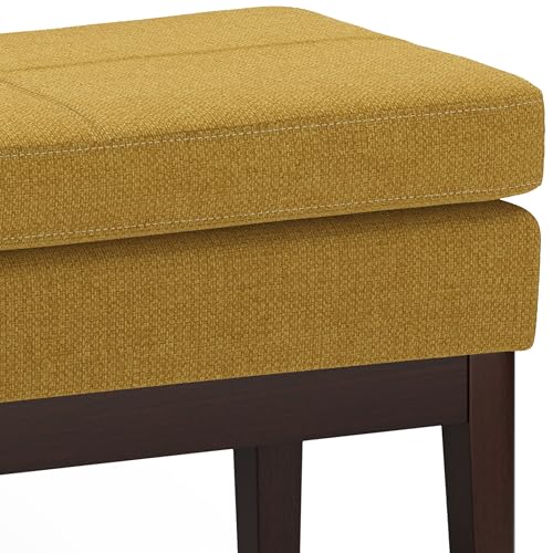 SIMPLIHOME Carlson 27" Wide Woven Fabric Rectangle Ottoman in Marigold | Mid-century modern ottoman with a padded seat for extra seating in bedroom or entryway; footstool, footrest. - color: Marigold, style: Small Ottoman Bench