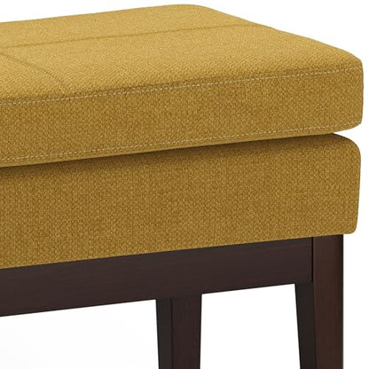 SIMPLIHOME Carlson 27" Wide Woven Fabric Rectangle Ottoman in Marigold | Mid-century modern ottoman with a padded seat for extra seating in bedroom or entryway; footstool, footrest. - color: Marigold, style: Small Ottoman Bench