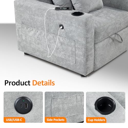 MCombo Convertible Sleeper Chair Bed, 3-in-1 Folding Sofa Chair with Adjustable Backrest, Pull-Out Bed with USB Port, Cup Holders, Linen Fabric, for Small Spaces Living Room Guest Room Office VN6001