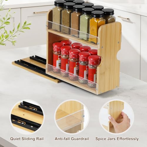 2 Tier Pull Out Spice Rack Organizer, Bamboo Sliding Spice Rack for Kitchen | Cabinet, (4.4" W x 10.6" D x 10.4" H) Spice Storage, Pantry Organization