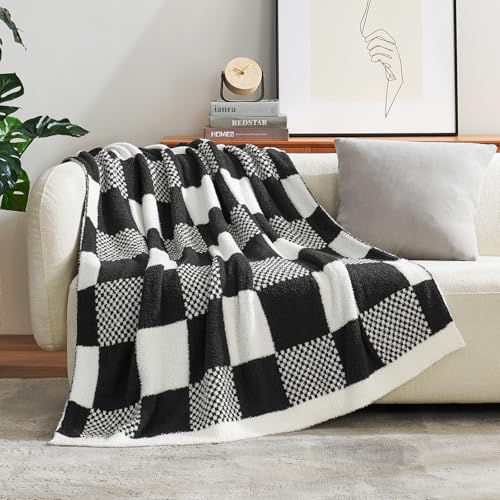 Snuggle Sac Checkered Blanket, Black White Throw Blanket for Couch Plaid Microfiber Fluffy Warm Fuzzy Cozy Soft Throw Blanket Reversible Checkered Blankets for Sofa, Chair, Bed, Twin(60"x80") - color: Checker Black White, size: Twin(60"x80")