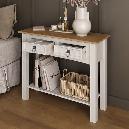 Solid Wood Hall Table with 2 Drawers 34.4" W, 12.6" D, 28.8" H - Console Table with Fixed Lower Shelf, Farmhouse Hallway Foyer, Office, Bedroom - color: White