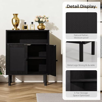 Rattan Storage Cabinet, Boho Accent Cabinet with Double Doors | Small Freestanding Sideboard for Hallway, Laundry Room,Kitchen, Dining Room, Entryway (Black) - color: Black