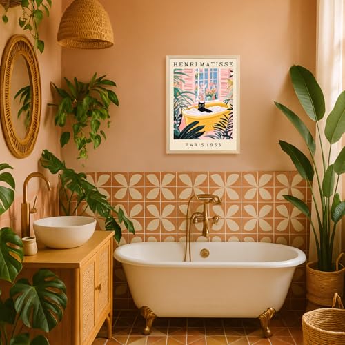 IAFWZX Wood Framed Boho Matisse Black Cat Bathroom Wall Art 12x16 in | Vintage Henri Matisse Black Cat in Bathtub Wall Decor, Boho Tropical Cute Animal Art Print for Living Room Bedroom - color: BathroomBlackCat(Wood), size: 16"L x 12"W