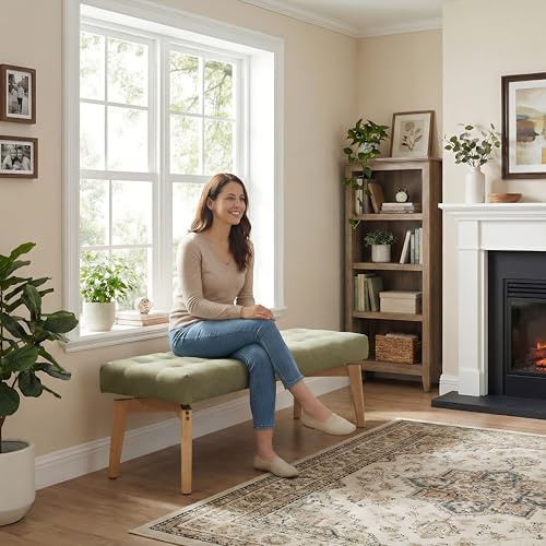 HNY Green Upholstered Bench,45.5 Wood Bedroom Bench,Ottoman | Entryway Bench Storage Bench Modern Tufted Floating Design Window Bench Seat for Living Room Indoor Hallway( Linen) - color: Green Linen