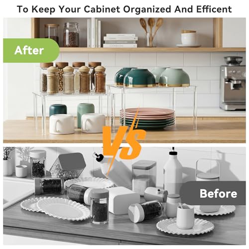 OTraki Acrylic Cabinet Organizer Set of 2 Stackable Clear Cabinet Shelf | Kitchen Pantry Organizers and Storage Display Pantry Cabinet Shelf Shelf Organizer for Dishes, Spices, Soda Cans and Bottles