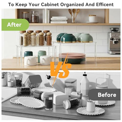 OTraki Acrylic Cabinet Organizer Set of 2 Stackable Clear Cabinet Shelf | Kitchen Pantry Organizers and Storage Display Pantry Cabinet Shelf Shelf Organizer for Dishes, Spices, Soda Cans and Bottles