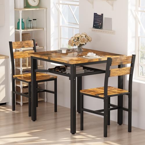 Hooseng 3 Piece Dining Table Set for 2, Small Wooden Kitchen Table with Storage, Farmhouse Square Dinette Set for Dining Room, Breakfast Nook, Apartment, Small Space - color: Brown
