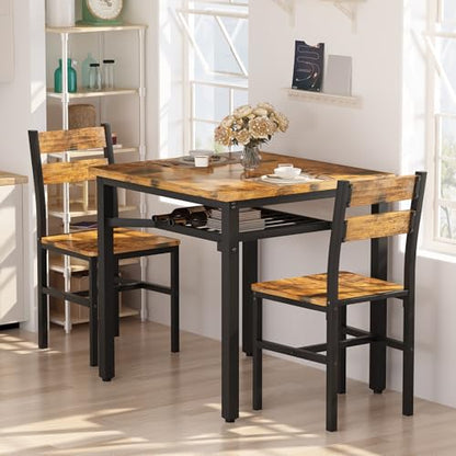 Hooseng 3 Piece Dining Table Set for 2, Small Wooden Kitchen Table with Storage, Farmhouse Square Dinette Set for Dining Room, Breakfast Nook, Apartment, Small Space - color: Brown