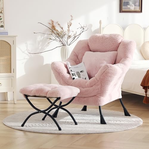 Lazy Chair with Ottoman, Plush Reading Chair with Pillow，Pink | Removable machine-washable cover; includes an extra throw pillow; cozy accent chair for living room, bedroom, dorm or office - color: Plush Cotton Candy Pink