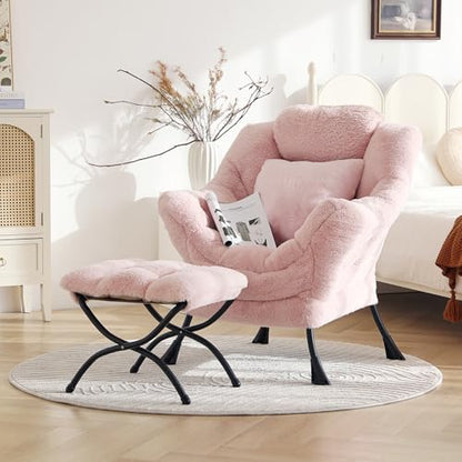 Lazy Chair with Ottoman, Plush Reading Chair with Pillow，Pink | Removable machine-washable cover; includes an extra throw pillow; cozy accent chair for living room, bedroom, dorm or office - color: Plush Cotton Candy Pink
