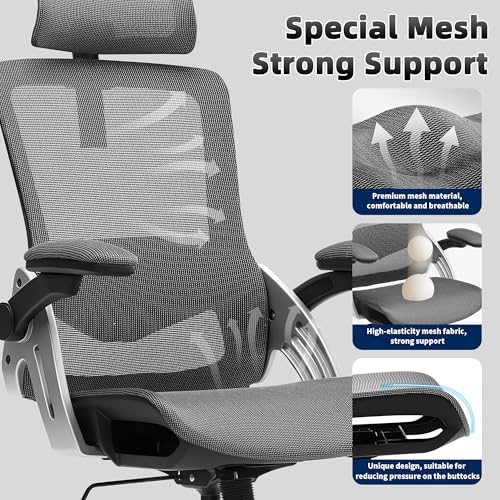Fizzin Office Chair Mesh Desk Chair with 3D Armrests Computer Chair | Ergonomic Office Chair with Adjustable Lumbar Support and Headrest 125° Tilt and Wide Mesh Cushion High Back Home Desk Chair - color: Black-gray